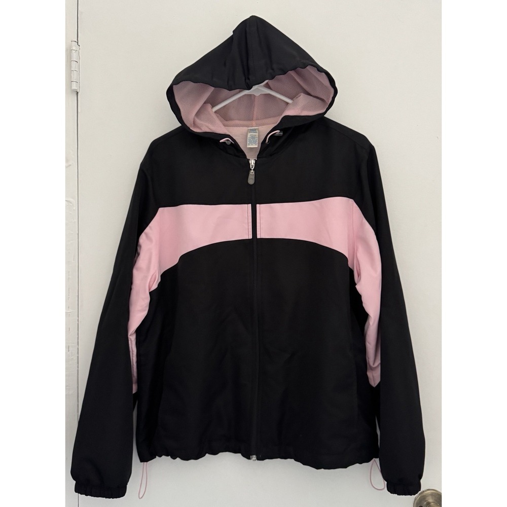 Lady Foot Locker Jacket Womens XL Black Pink Zip VTG Hooded Windbreaker 90s